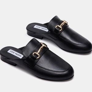 Steve Madden Kandi Black Leather Slip-On Mules with Gold Hardware